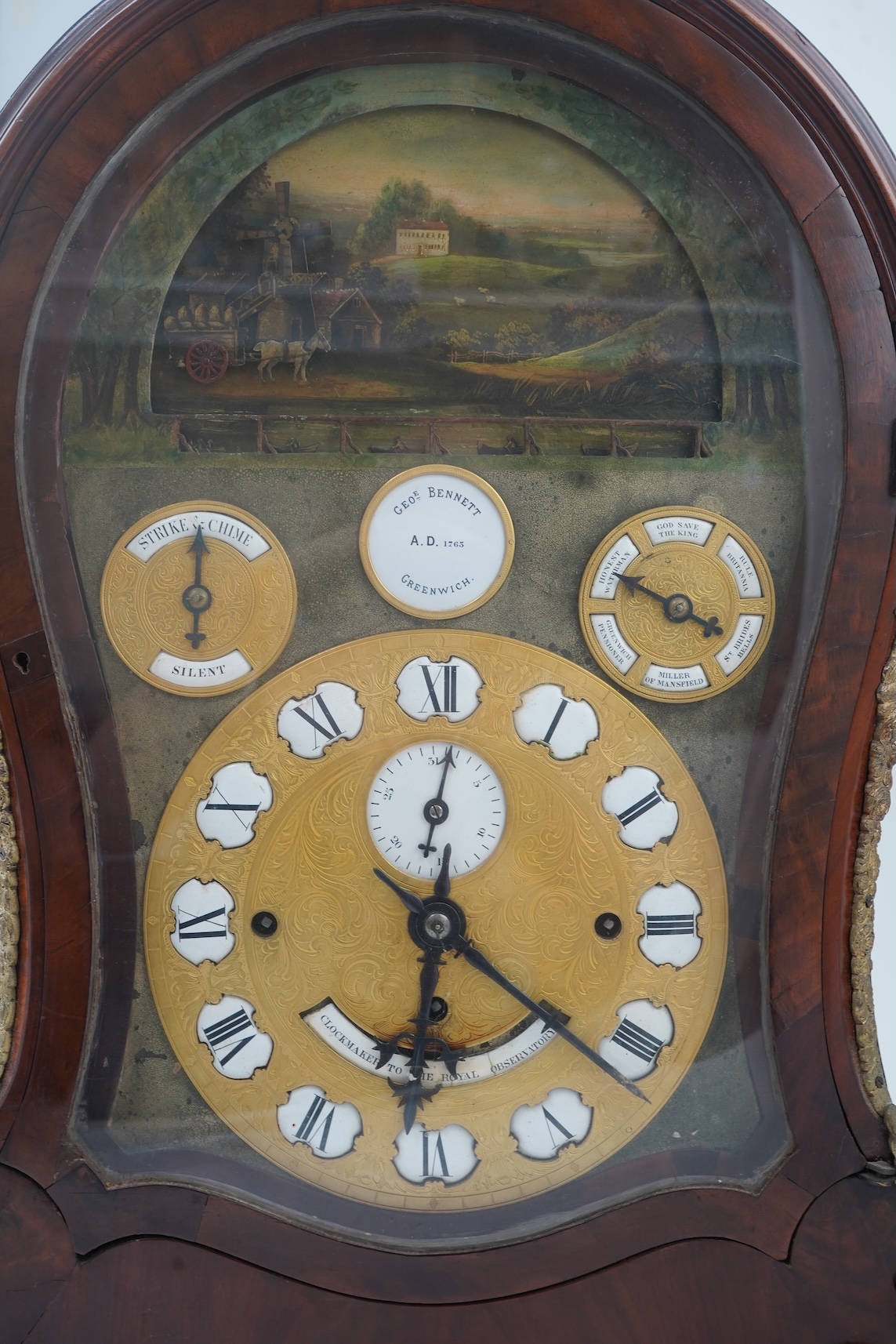 A substantial George III mahogany balloon-shaped musical bracket clock by George Bennett, Greenwich, ‘Clockmaker to the Royal Observatory’